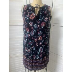 Beach Lunch Lounge Black w/Multi-color Floral Sleeveless V Neck Dress Small